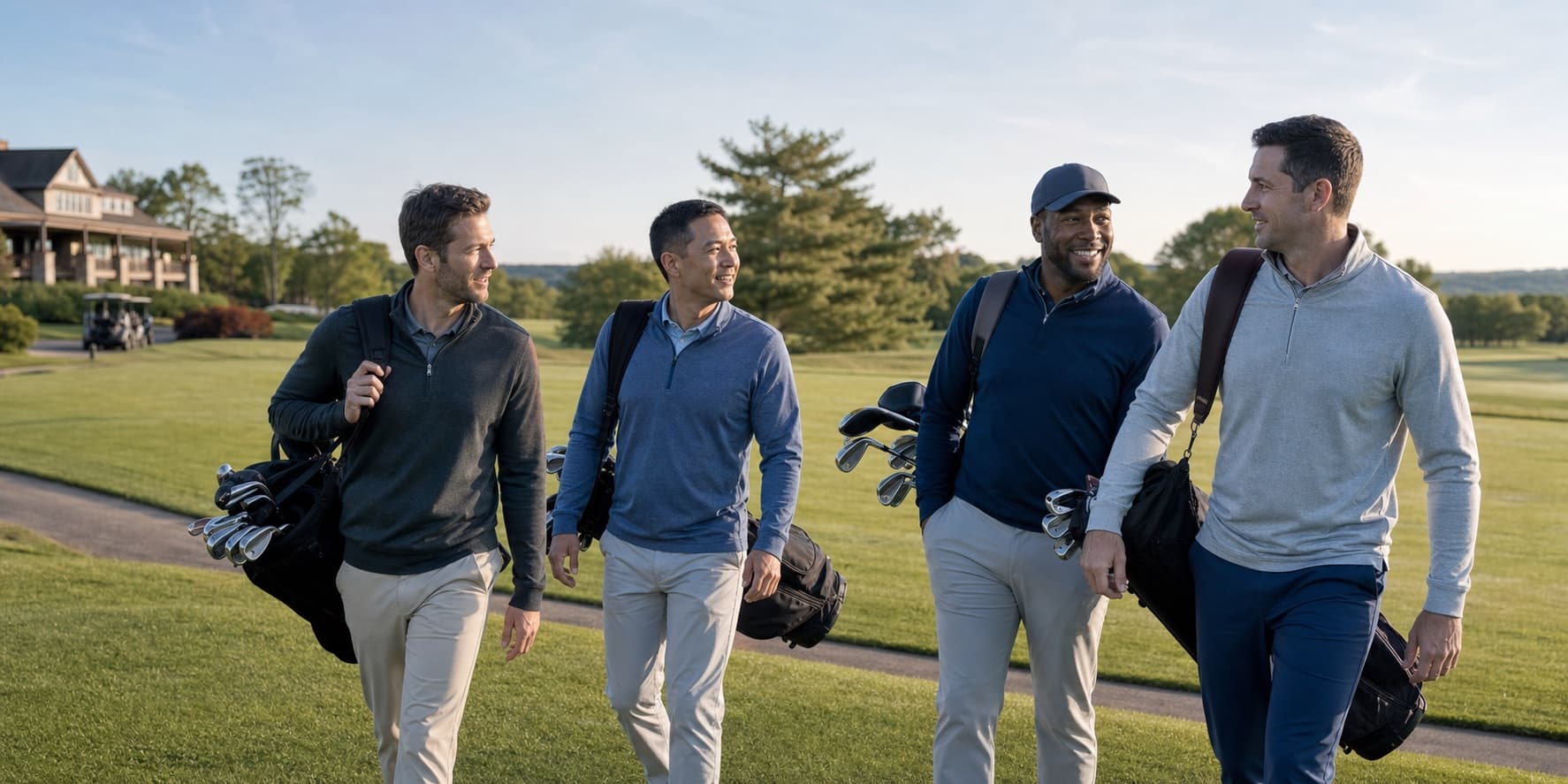 Four friends walking together toward the first tee